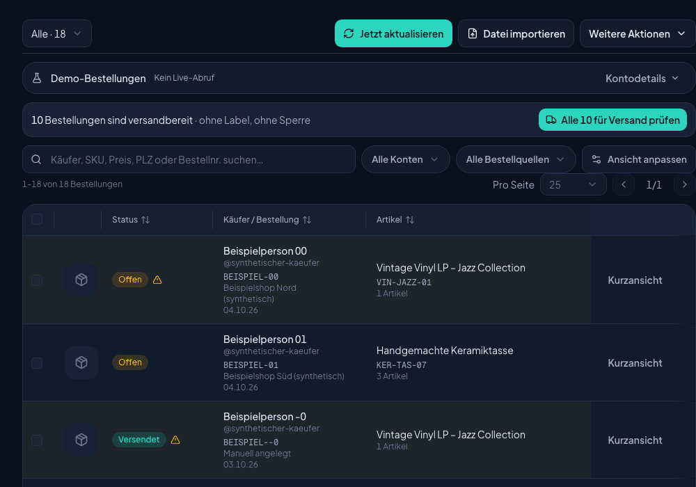 Shipnovo-Bestellübersicht mit synthetischen eBay-Bestellungen und Statusfiltern