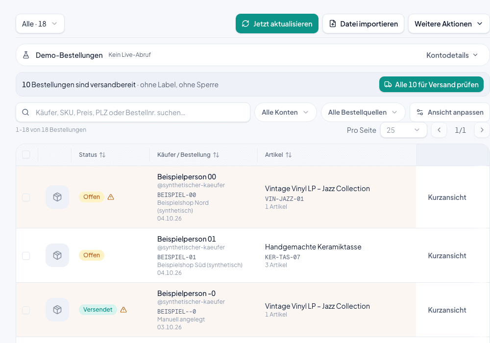 Shipnovo-Bestellübersicht mit synthetischen eBay-Bestellungen und Statusfiltern