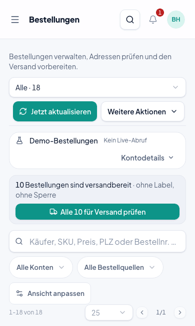 Shipnovo-Bestellübersicht mit synthetischen eBay-Bestellungen und Statusfiltern