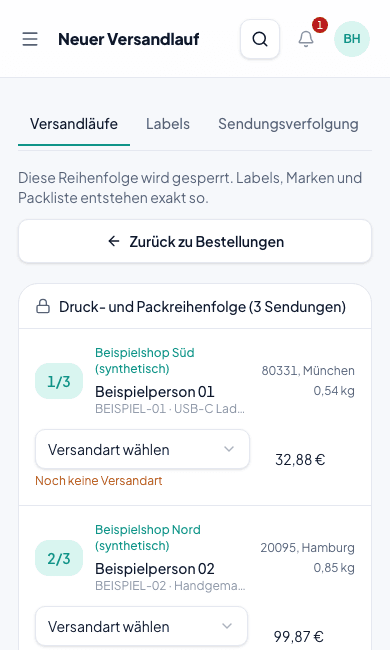 Shipnovo-Versandlaufvorschau mit synthetischen Artikeln, Mengen und Packnummern