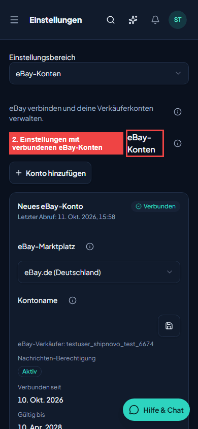 Einstellungen mit verbundenen eBay-Konten