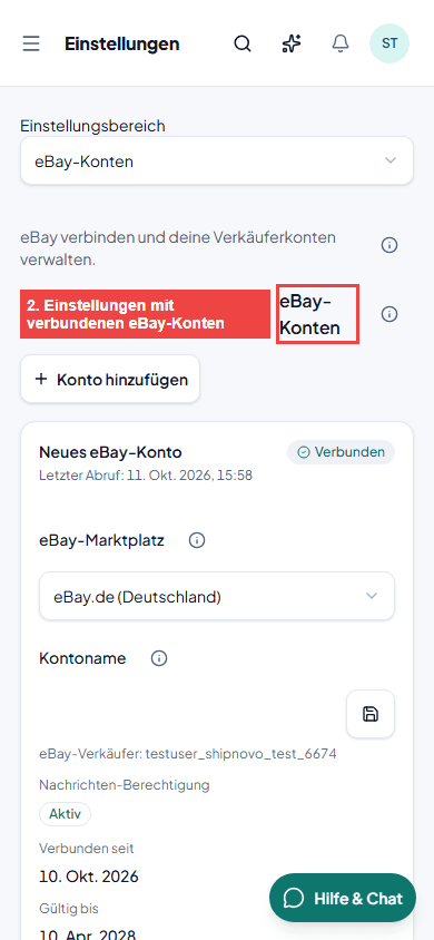 Einstellungen mit verbundenen eBay-Konten