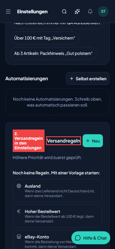 Versandregeln in den Einstellungen