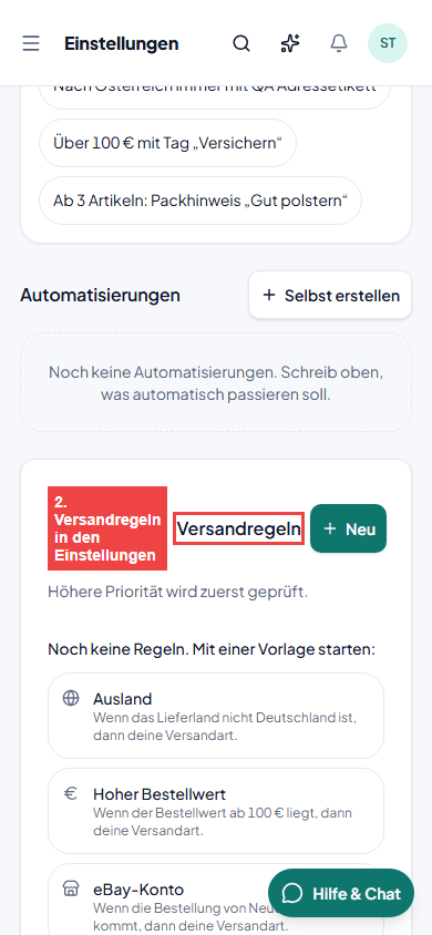 Versandregeln in den Einstellungen