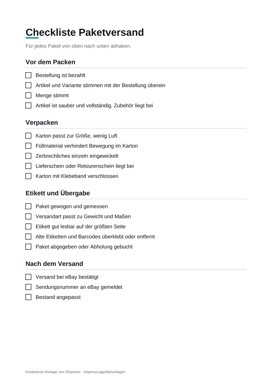 Vorschau der Checkliste Paketversand mit vier Abschnitten und Kästchen zum Abhaken