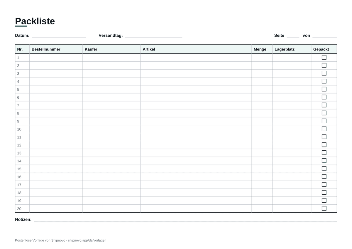 Vorschau der Packliste Vorlage: Tabelle mit Nr., Bestellnummer, Käufer, Artikel, Menge, Lagerplatz und Gepackt